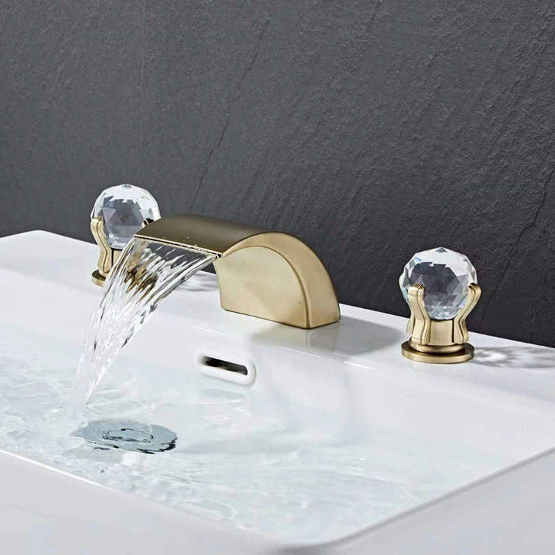 

Basin Mixer Faucets Brush Gold Brass Bathroom Sink Faucet 3 Holes Double Crystal Handle Hot and Cold Water Bathroom Bathtub Taps