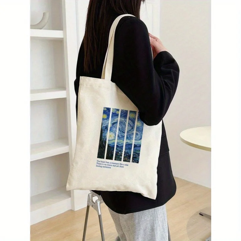 Oil painting starry sky print tote bag，Women's Fashion Casual Handbag，Very durable，Suitable for Daily Use