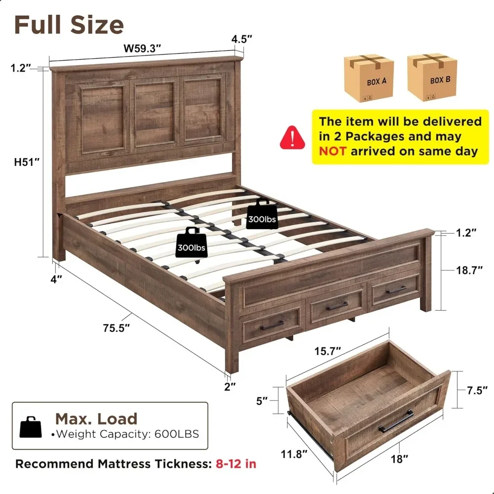 Bed Bases & Frames Wood Platform Bedframe With Footboard and Storage Drawers No Squeak Light Brown No Box Spring Needed Frame