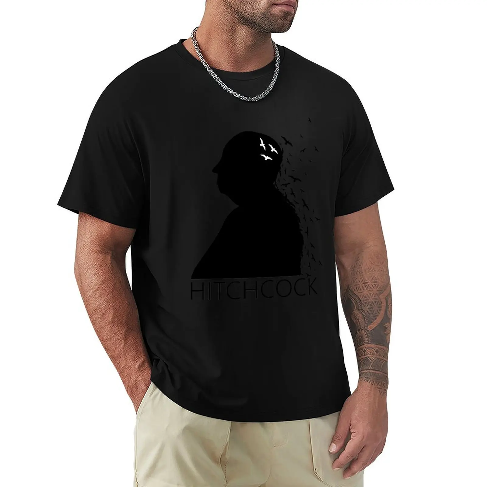 Alfred Hitchcock Birds Portrait - Black White T-Shirt All Weather Casual Short Sleeve