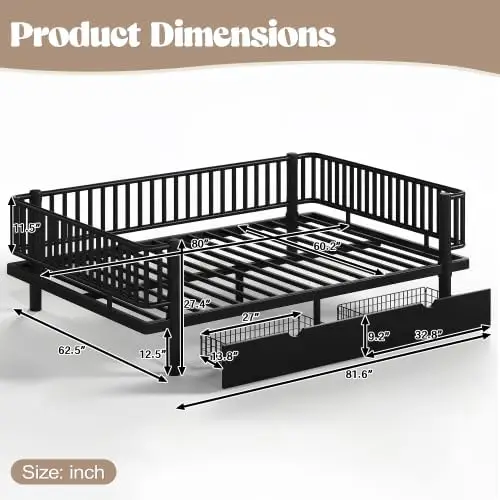Metal Queen Daybed Frame with Storage Drawers & Detachable Fence, Can be Transformed into Platform Bed, Queen Size