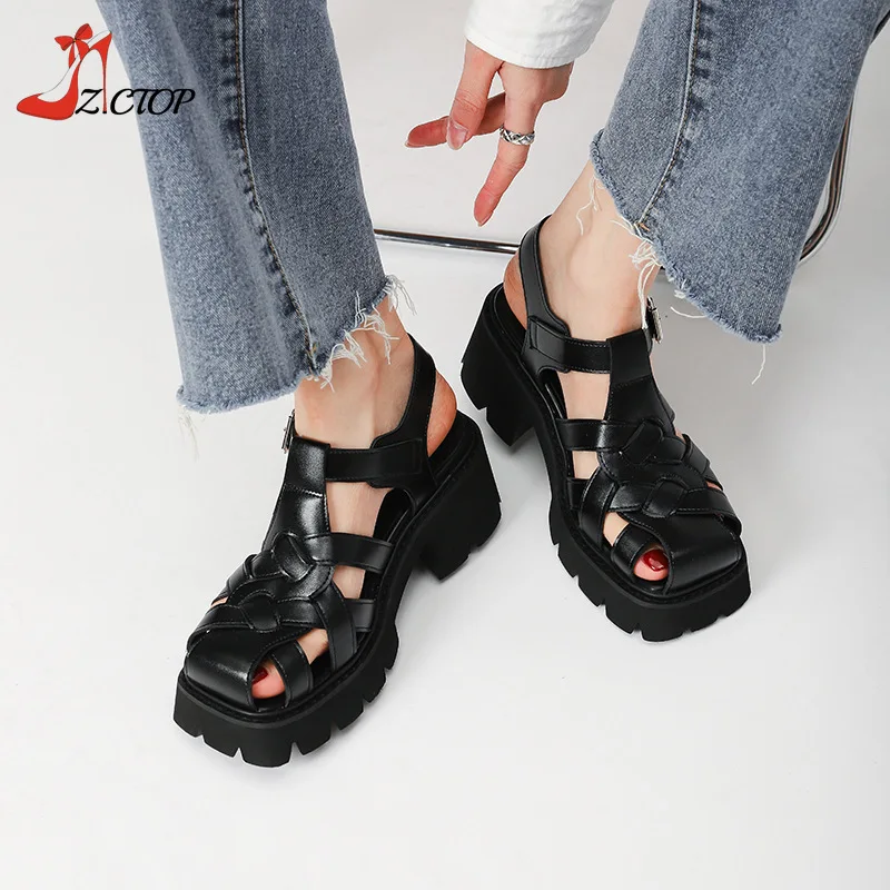 

Rome Platform Sandals Summer Women's Chunky Heel Square Toe Retro Women Shoes Black Casual Sandals Large Size 35-43