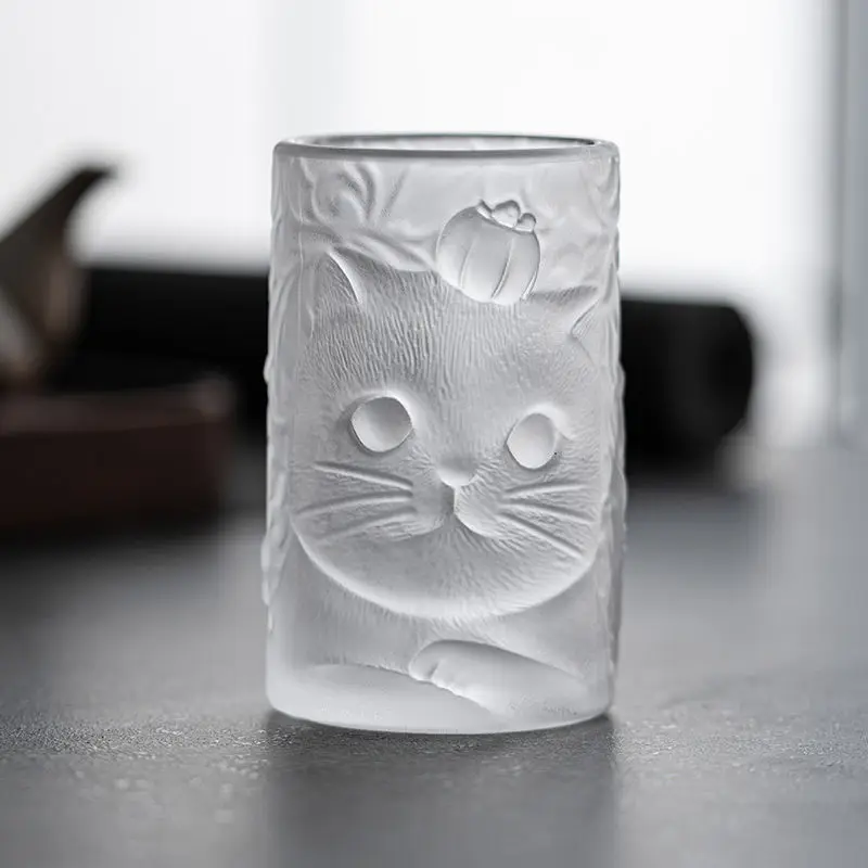 Chinese Style Glazed Frosted Cup Cute Cat Glass Cup Household Glass Tea Cup Juice Cup and Drinking Cup Creative Relief Glass Cup