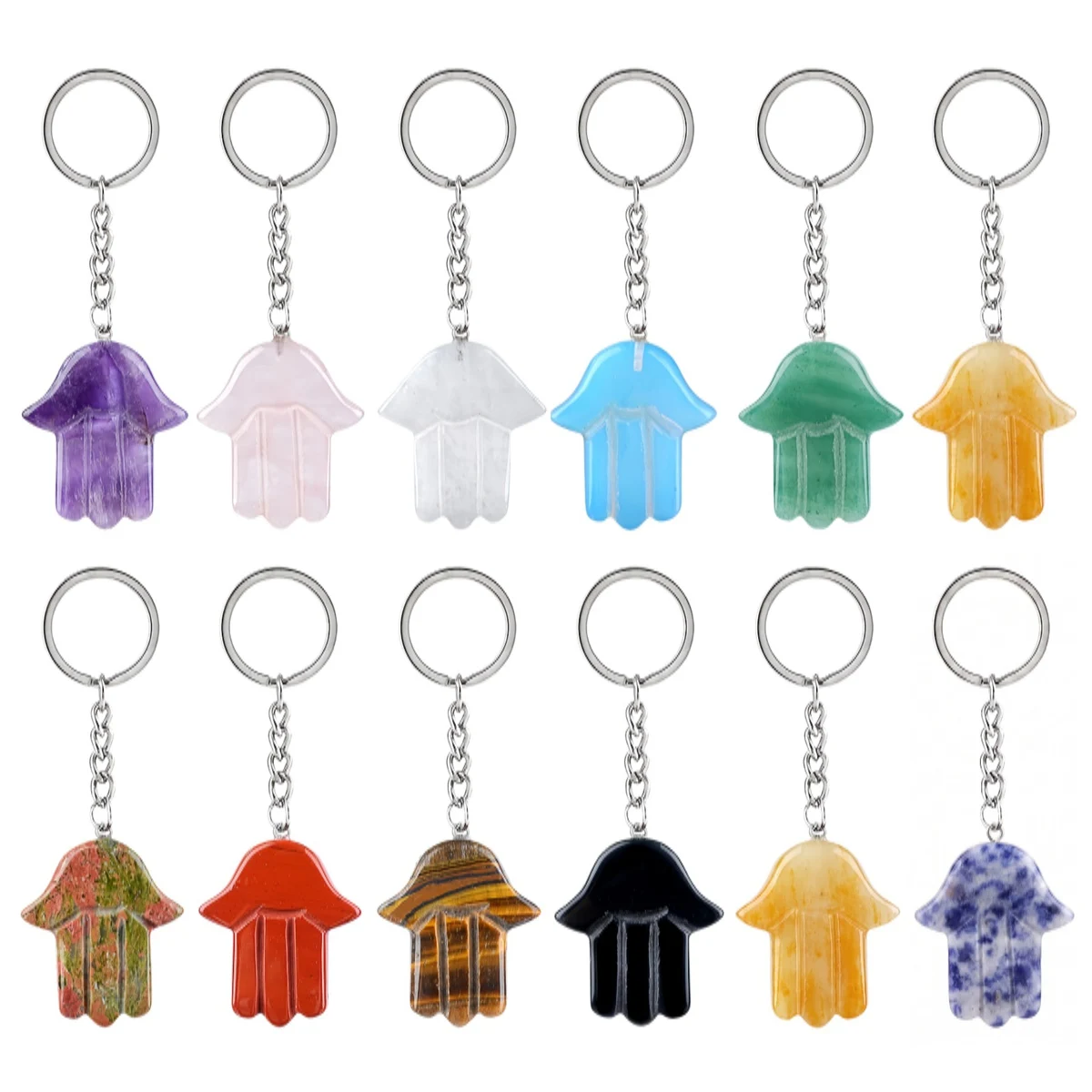 Natural Gemstone Hamsa Hand Pendant Keychain Healing Crystal Fatima Hand Jewelry Sing Key Ring