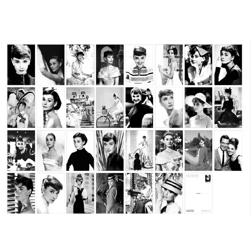 30 Sheets/Box Famous Star Audrey Hepburn Art Postcard INS Style Greeting Card Photography Photo Post Card DIY Journal Decoration