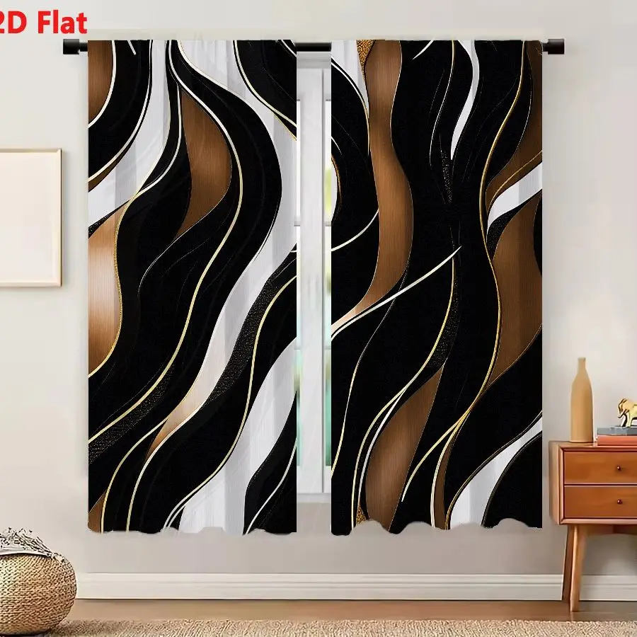 2Pcs Curtains 2D Flat Abstract Modern Art Composition Featuring Flowing Wavy Vertical Bands In Black White And Metallic Gold Ton