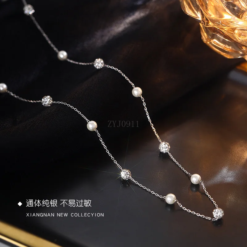925 スターリングシルバーパールネックチェーンライト高級秋冬ネックレス新しい人気の鎖骨チェーン女性