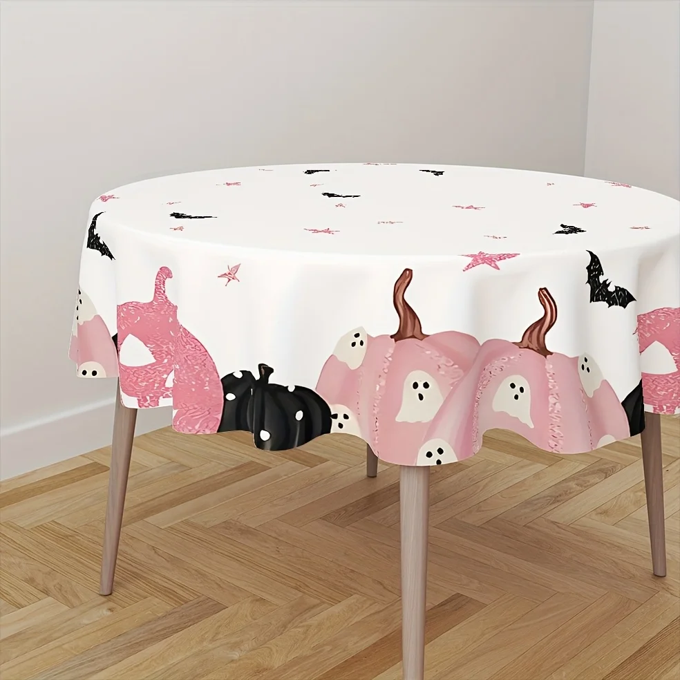 Pack of 1, Halloween-themed Pink Pumpkin Tablecloth - Suitable for Rectangle and Round Tables
