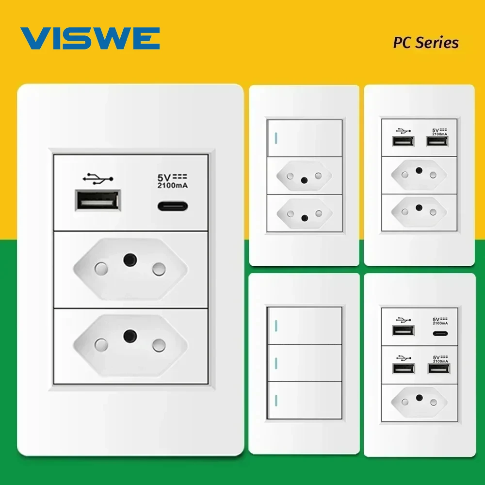 VISWE Brasil Juego de enchufes y interruptores de panel de plástico blanco estándar: con puertos de carga USB tipo C, protección para niños