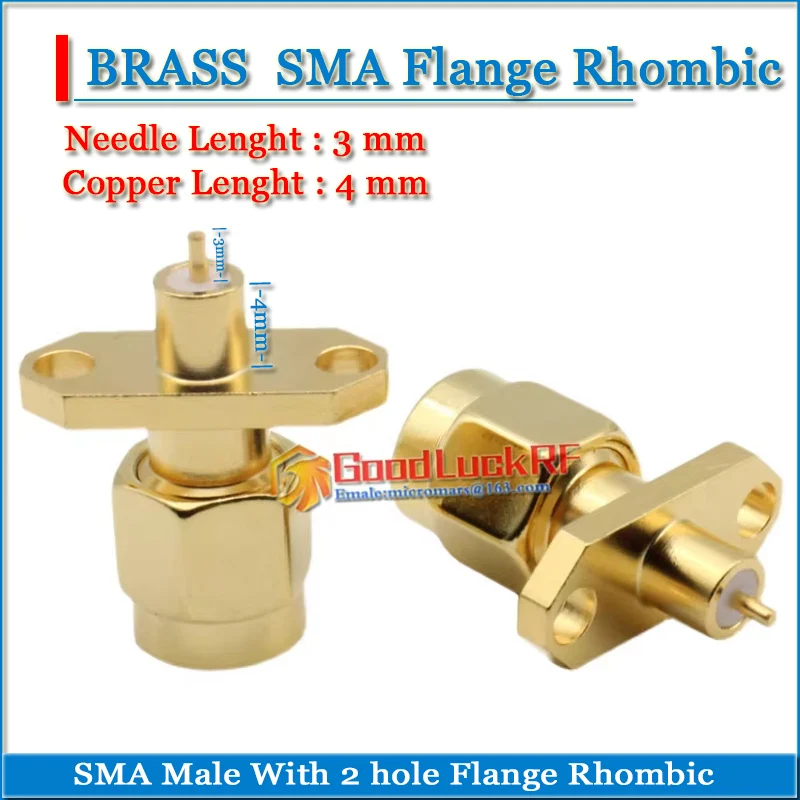 SMA Male Rhombic plug With 2 hole Flange Chassis Panel Mount deck Solder Copper Body 4mm Needle 3mm Copper GOLD RF Connector
