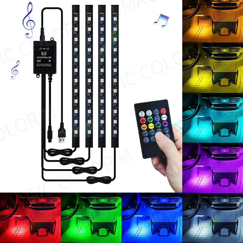 48/72 RGB Led Car Foot Ambient Light Automotive Interior Decorative Atmosphere Lamp Backlight Strip USB Wireless Remote Control