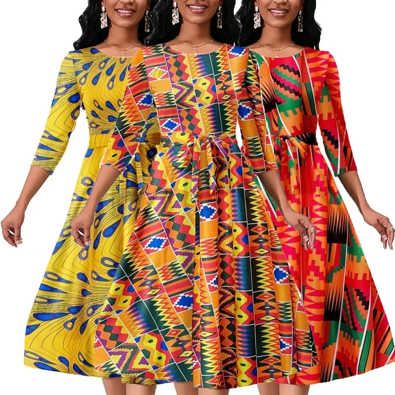New Arrival African Fashion Ankara Print V-Neck Ladies Knee Length Dress With Zipper Traditional Batik Print Ladies Party Wear