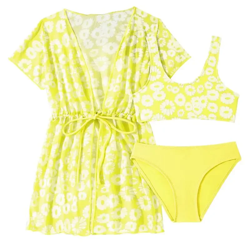 

Kids Girls Swimming Set Cute Print Bikini Sets With Beach Dress High Waist Swimwear Children Summer Soft Swim Suit Beachwear