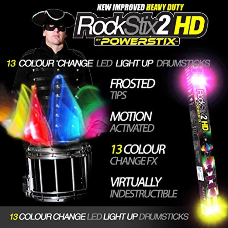

Пара барабанных палочек ROCKSTIX 2 PRO с изменяющей цвет LED-подсветкой для живых выступлений, черные, с интерактивной RGB LED-подсветкой