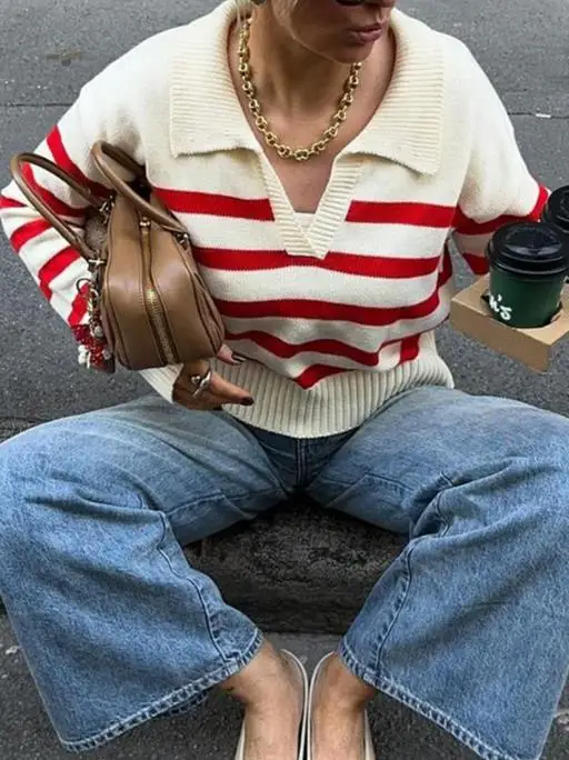 

2025 Autumn and Winter Casual Striped Long Sleeved Woolen T-Shirt Sweater Women's Clothing