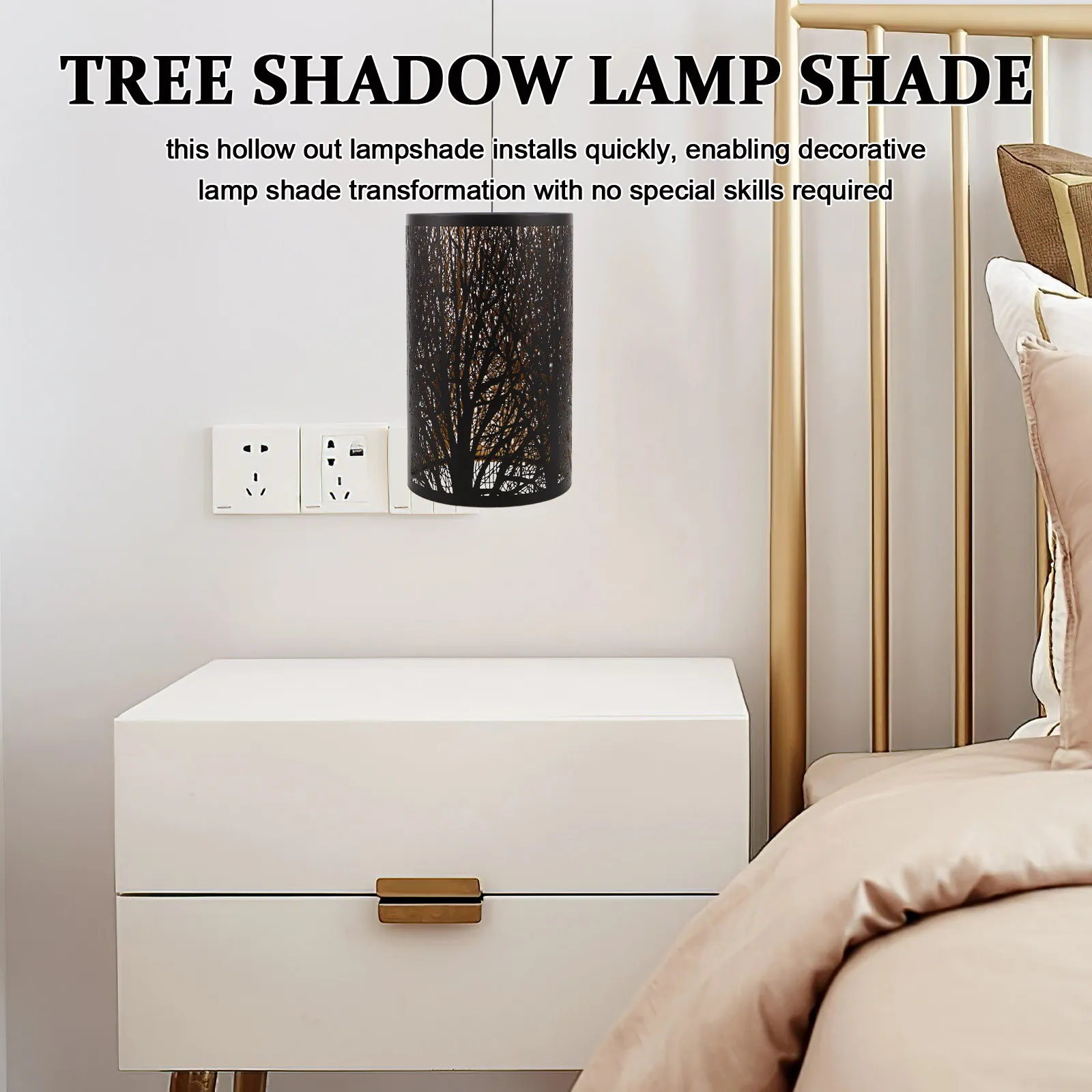 

Metal Tree Shadow Lamp Shade Black Gold Hollow Out Drum Carved Forest Accent Lighting Table Lampshade Spider Fitter Living Room