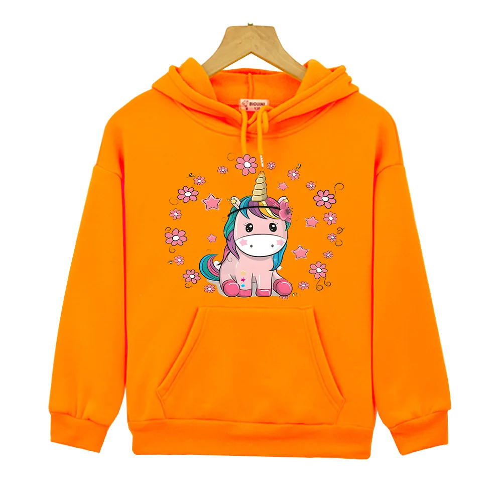 Unicorn Horse Cartoon Print Hoodies Boys and Girls Kawaii Graphic Sweatshirts Casual Long Sleeve Children Pullovers with Pocket