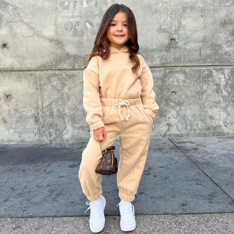 New Autumnn Winter Kids Sports Suit Girls Hooded Solid Sweatshirt Tops + Sweat Pants Children's Clothing Sets Tracksuit