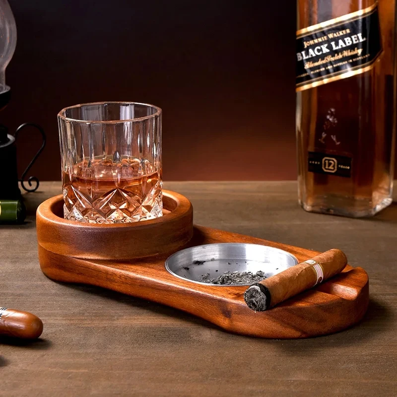 2-In-1 Creative Wooden Whiskey Wine Glass Holder Cigar Ashtray  Desk Wood Cup For Bar Home Kitchen Office Decoration Cool Gadget