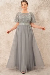 Flycurvy Plus Size Evening Gowns Grey Embroidery Butterfly Sleeves Maxi Dress