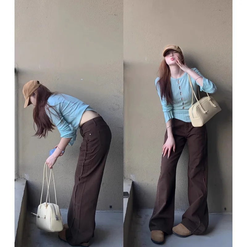 

2025 NEW Solid Brown Vintage Y2K Blue Women Jeans High Waist Fashion Streetwear Wide Leg Jean Female Denim Trouser Baggy Pants