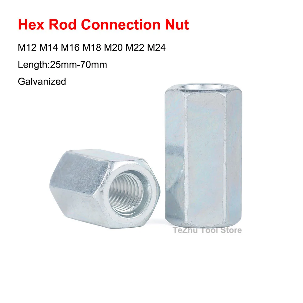 1PCS M12 M14 M16 M18 M20 M22 M24 Galvanized Hex Rod Coupling Nuts Connection Thread Nut Galvanized Long Hex Nut