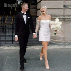 Beach Short Wedding Dresses Women 2025 Long Sleeve Strapless Satin Open Back Above-Knee Bridal Gown Vestidos De Noiva Customized