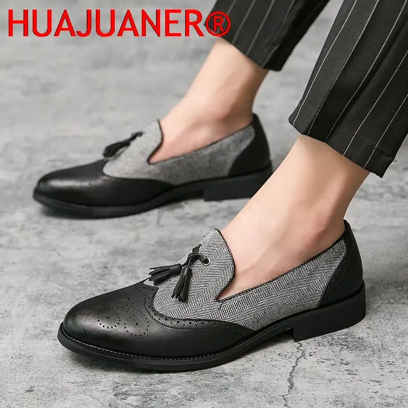 Brogue Loafers Mens Slip on Shoes Tassel Causal Leather Shoes Men Gentleman Formal Business Oxford For Male Big Size Man Flats