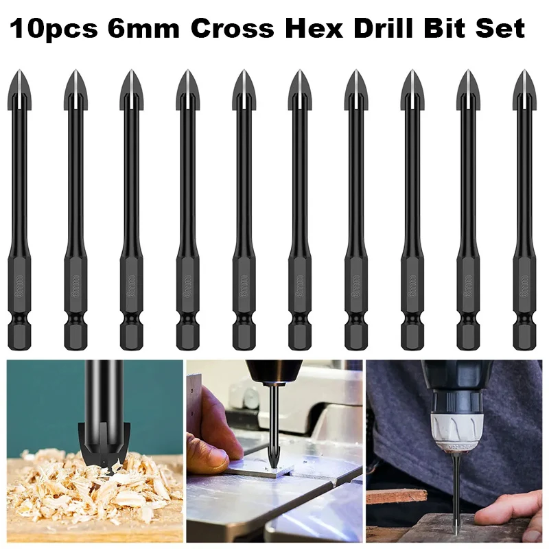 

10pcs 6mm Cross Hex Shank Tile Drill Bit Set Triangle Diamond Drilling Bits Metal Glass Ceramic Wood Tile Concrete Hole Opener