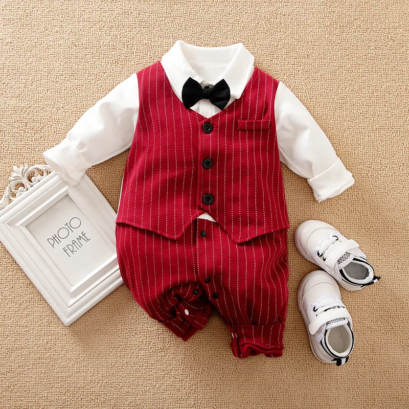 Baby Boy Newborn Casual Gentleman Bow Stripe Children's Clothing Jumpsuit Cotton Spring And Autumn Long Sleeved Jumpsuit