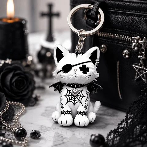 Creative Acrylic Wounded Cat Keychain 2D Flat Y2K Gothic Cat Keychain Halloween Ornaments Kitten Pendant Bag Decoration