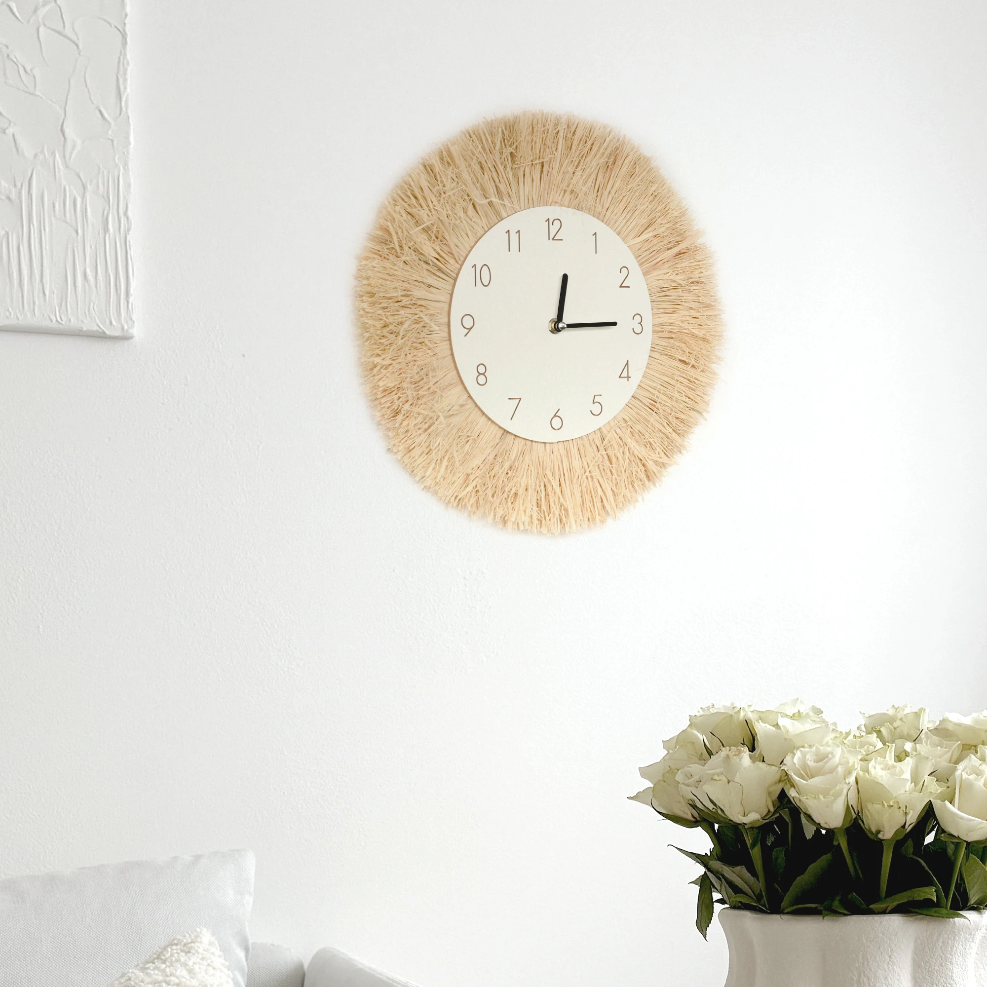 ساعة قش بوهو منسوجة يدويًا للديكور المنزلي ، تعليق حائط مكرمي ، مرايا ، غرفة نوم