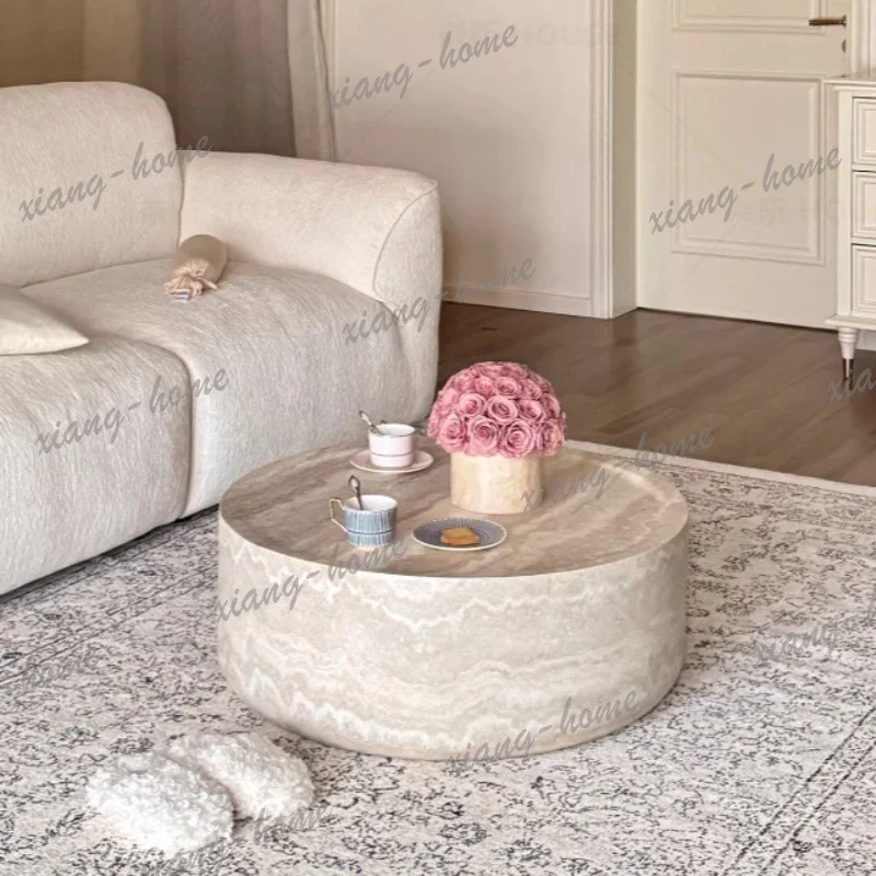 LJY French Cream Style Travertine Coffee Table Wabi-Sabi Fiberglass Round Tea Table Modern Minimalism table basse Living Room Ho