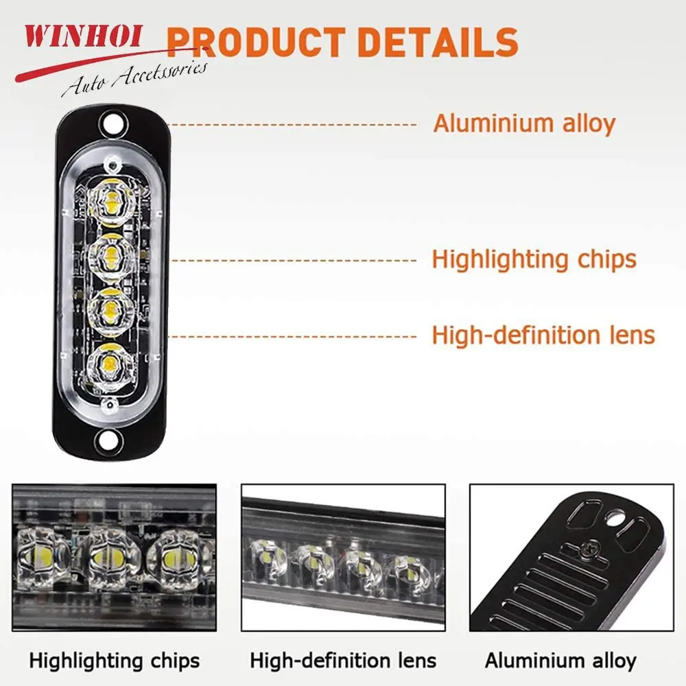 4 LED Car Strobe Light Automotivo Grille Warning Light 12-24V Amber Flashing Lamp Trucks ATV Car Flashing Beacon for Auto ATV