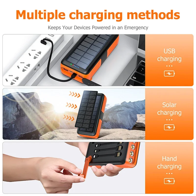 Hand Crank Solar Power Bank 61200mAh Portable Fast Charger Powerbank for iPhone 16 Samsung Huawei Xiaomi External Spare Battery