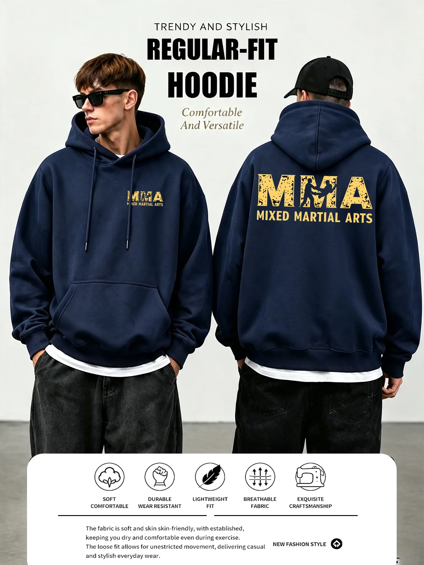 Men's Stylish MMA-Themed Hoodie –Double-Sided Gold Logo Print – Fall/Winter Pullover –Hardcore Combat Style – Unisex Casual Wear