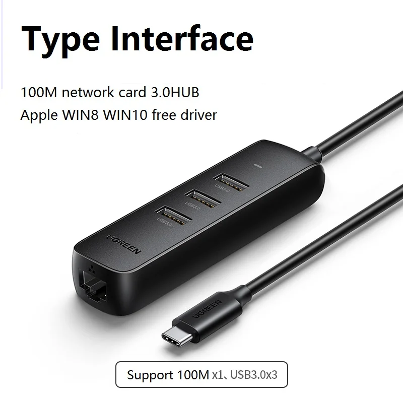 Ugreen USB نوع C إلى محول إيثرنت USB2.0HUB 3 منافذ RJ45 بطاقة الشبكة Lan لخط تحويل ماك بوك USB-C Type-C