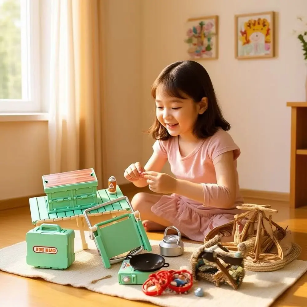 シミュレーションモデル ミニチュアキャンプピクニックセット ごっこ遊び 早期教育 折りたたみ椅子 ガスストーブモデル かわいい ロールプレイ