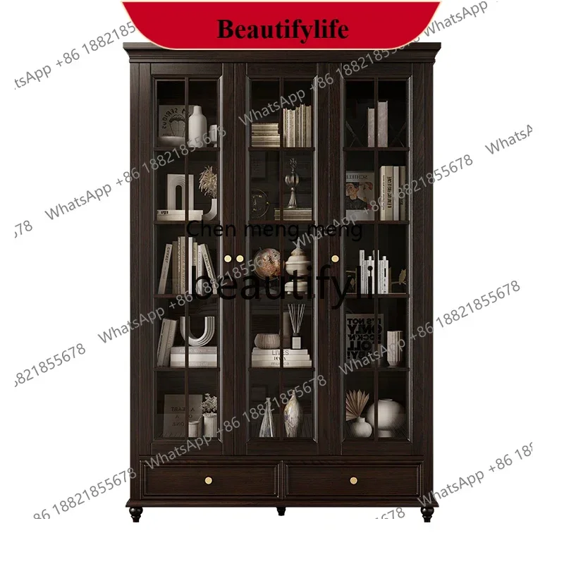 

D178 yh YAmerican solid wood glass door bookcase retro ash wood floor bookshelf cabinet storage display cabinet