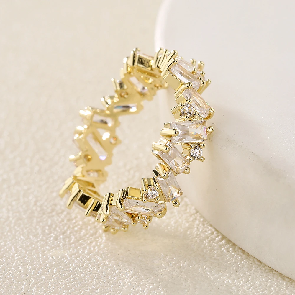 ZAKOL Fashion Luxury Multicolor Charm AAA Baguette Cubic Zirconia Wedding Rings for Women T Shape Stone Party Jewelry RP5083