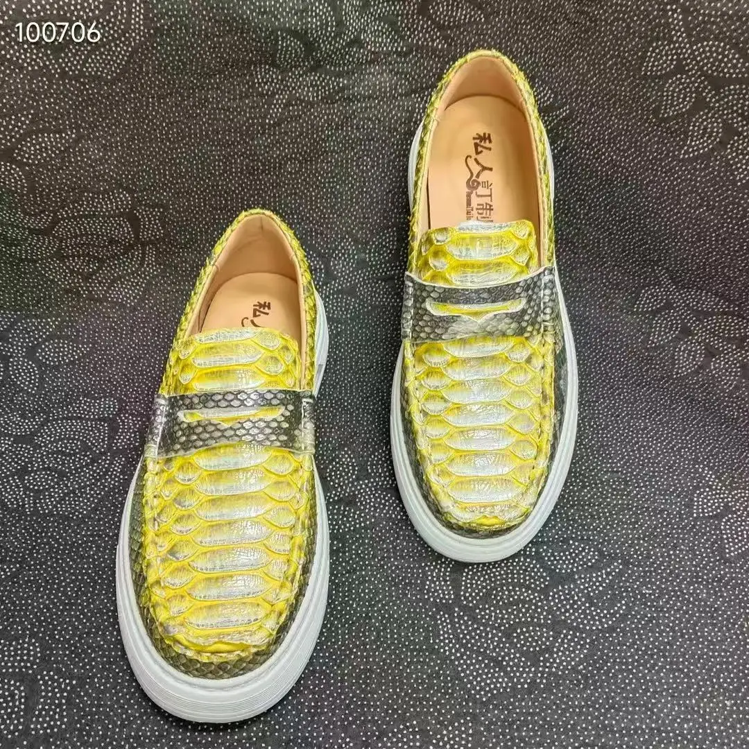 100% Genuine real python skin men flat shoe high end quality yellow golden color snake leather leisure fashion men sneaker