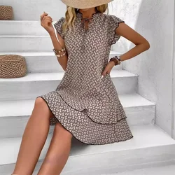 Summer Elegant A-line Dresses Women Sexy Pleated Beach Sundress Printing Dress Ruffle Sleeve Sweetheart Bohemia Dress Mini Dress