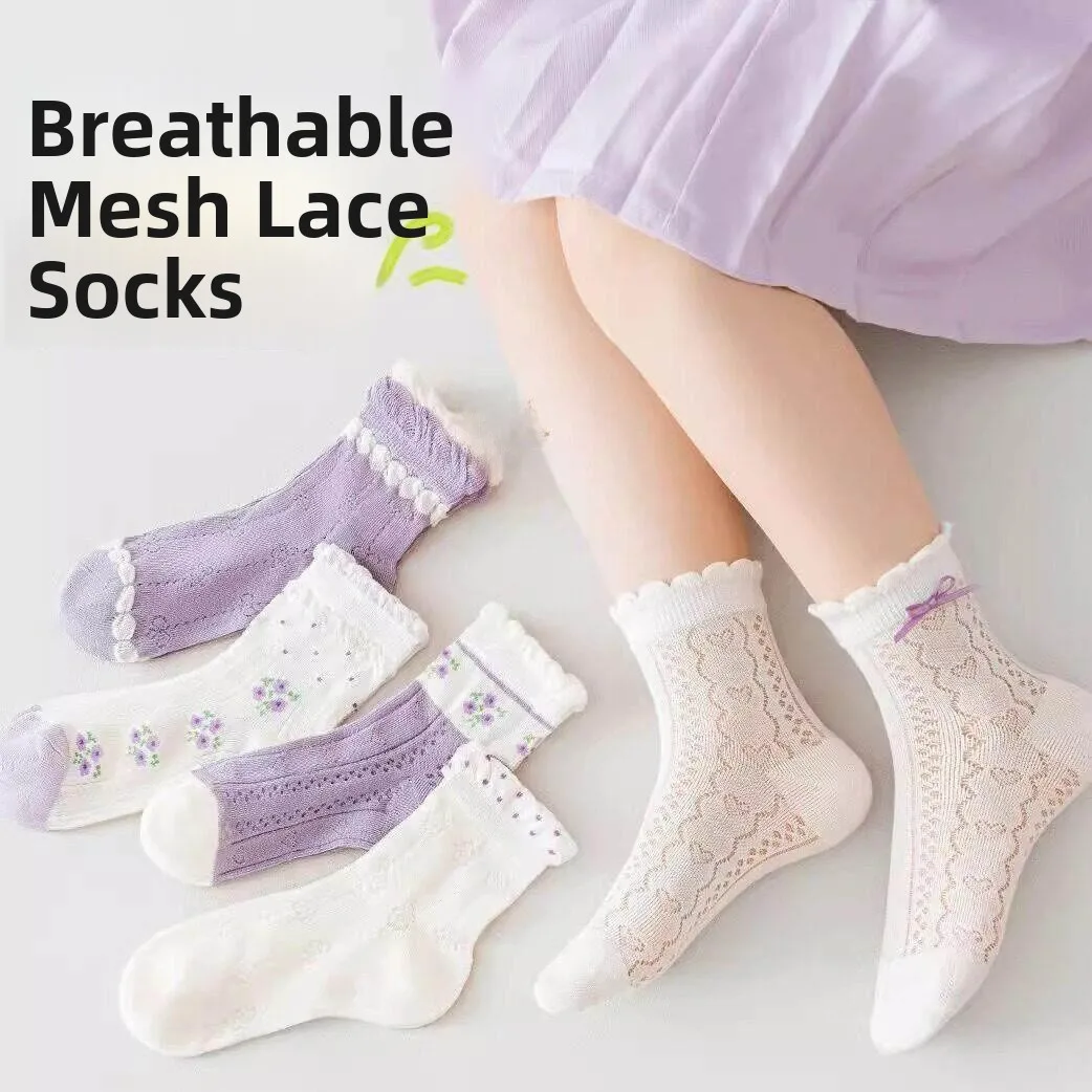Princess Style Children's Socks Breathable Mesh Thin Cotton Summer Short Socks Anti-Odor Purple Eyelet Design Kids' Footwear