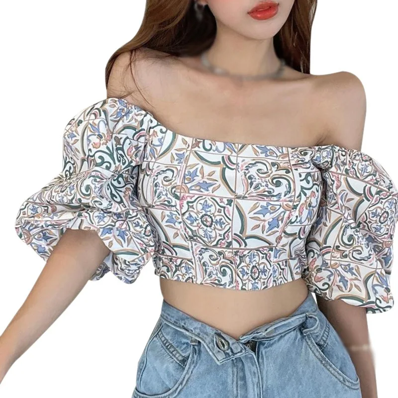 Women\'s Floral Print Square Collar Blouse Exposed Navel Chiffon Puff Short Sleeve Shirt Blouse