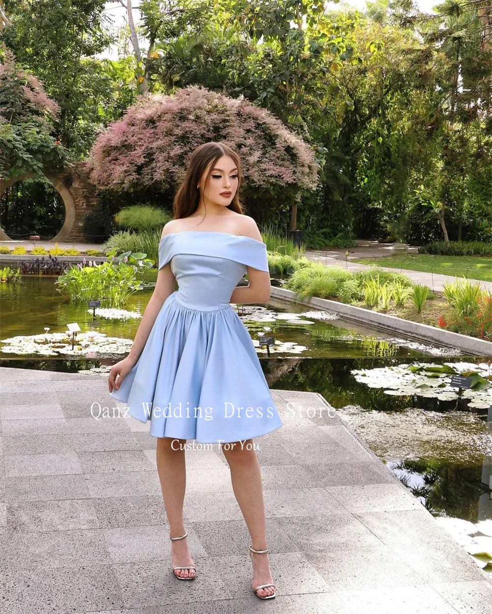 

Qanz Baby Blue Satin Homecoming Dresses Off The Shoulder Short A Line Prom Dresses Elegant Vestidos De Graduación Plus Size