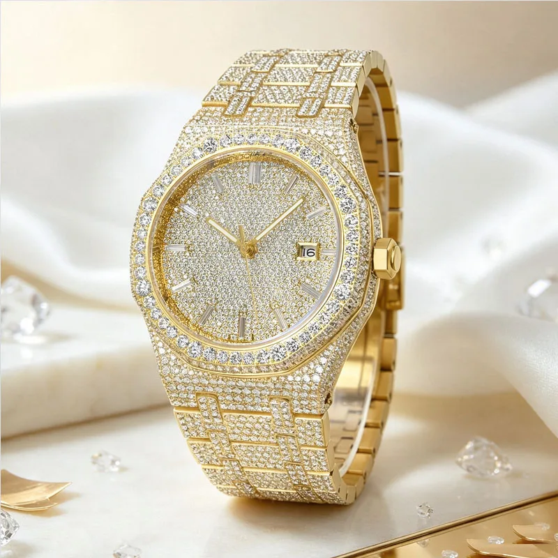 Luxury VVS Moissanite Men Watch Gold Full damonds Dial Luxury Design 9015 Automatic Mechanical Movement Waterproof Bracelet