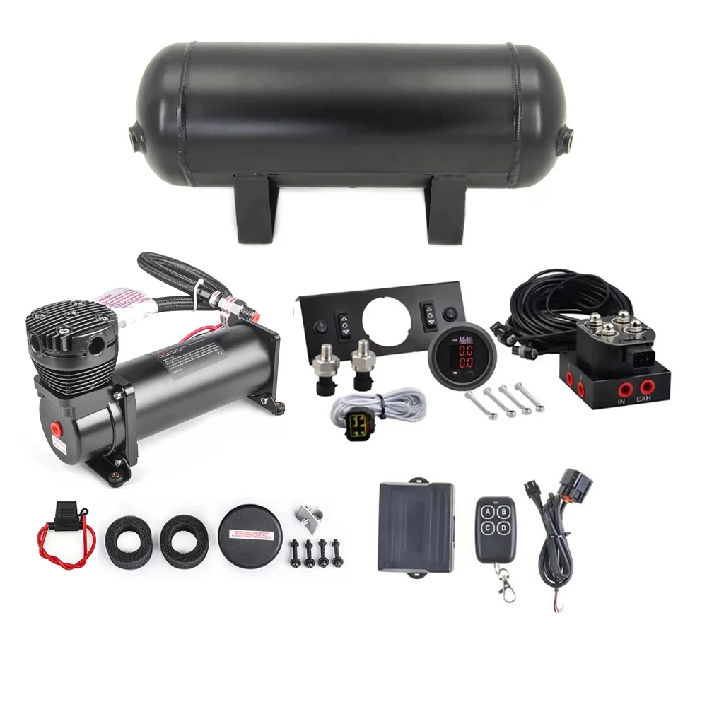 Universal Air Ride Suspension Dual Display Pressure Gauge Valve Control & Panel Ship Type Witch Kit W/3G Tank & 200psi Compresso