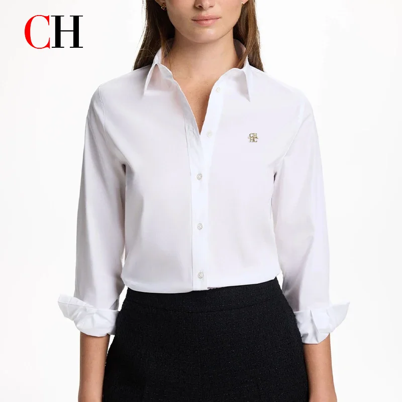 CH New Trend Fashion Shirt High Quality Brand Letter Label Accessories Pure White Women's Versatile Long Sleeve Shirt