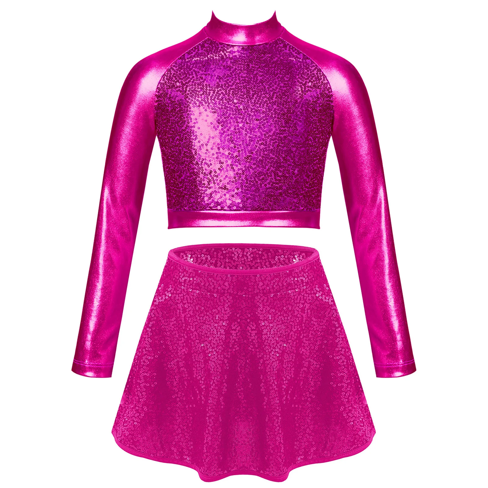 Kids Girls Jazz Hip Hop Street Dance Costume Sparkly Sequins Crop Top with Mini Skirts Set for Stage Performance Competition