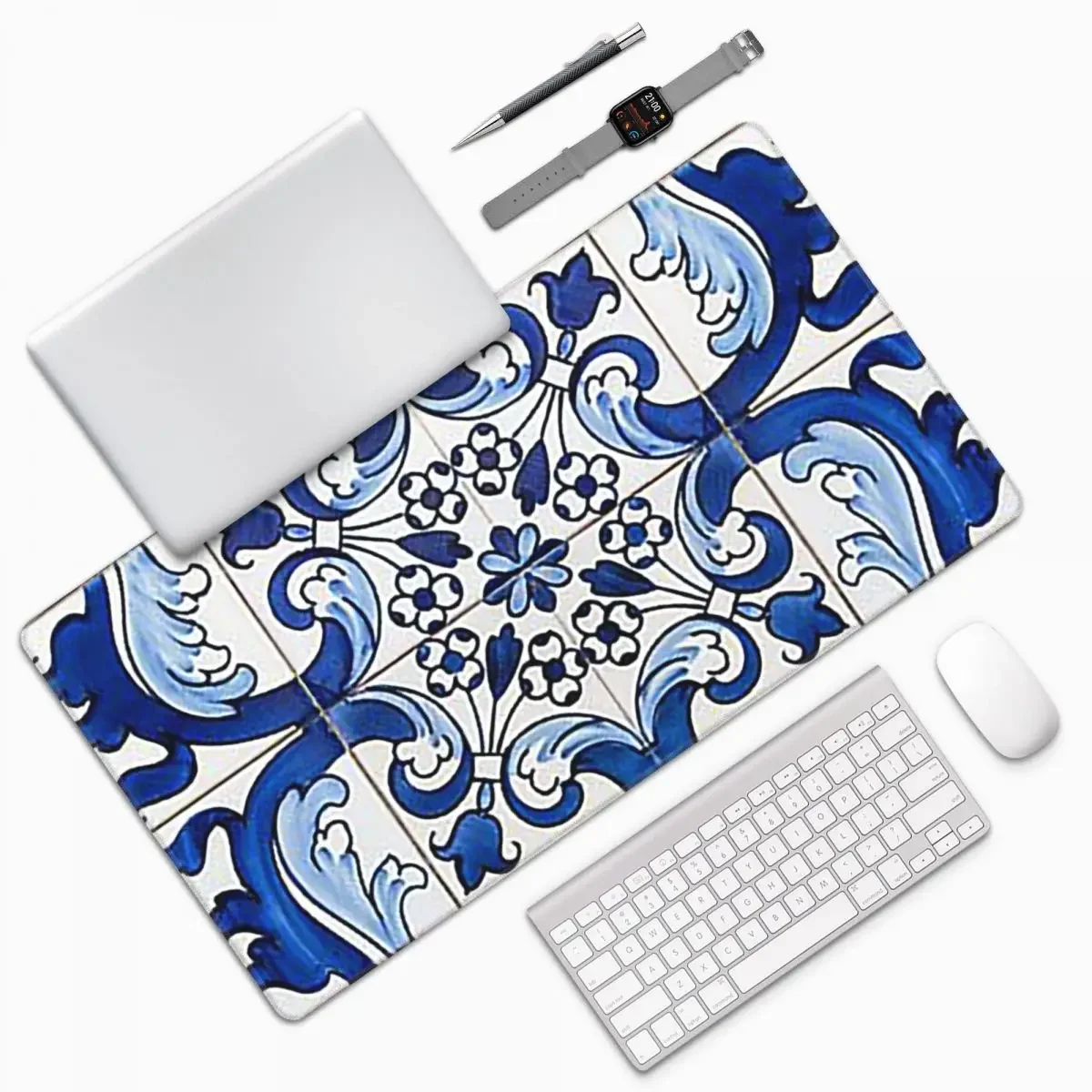 Antique Classic Lisbon Blue Azulejo Tile Floral Large Mouse Pad Computer Keyboard Mouse Mat Gamer PC Laptop Desk Mat